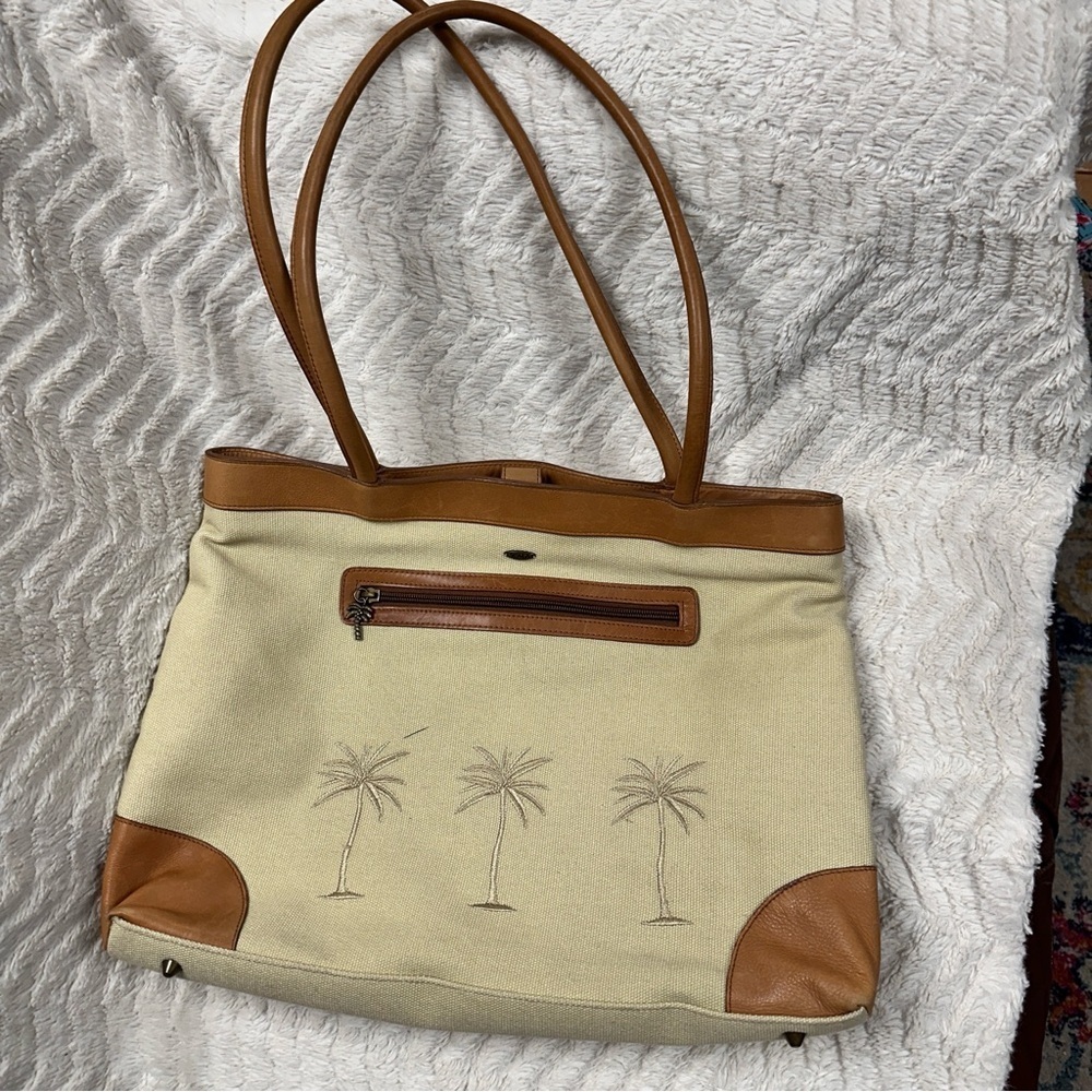 SCALA TAN CANVAS TRAVEL VACATION EVERYDAY LEATHER TRIM TOTE LARGE